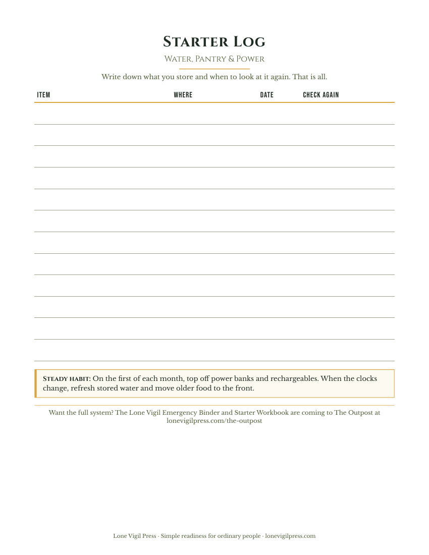 Starter Log: Water, Pantry and Power printable